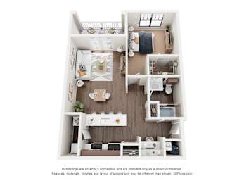 A 3D floor plan of a small apartment with a kitchen, living room, and bedroom.