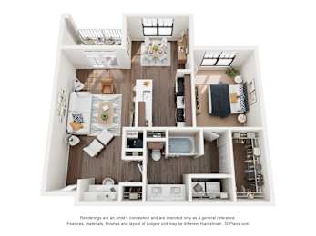 A 3D floor plan of a house with a kitchen, living room, and bathroom.