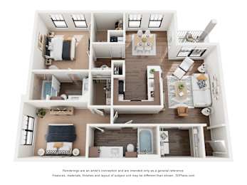 A 3D floor plan of a house with a kitchen, living room, and bedrooms.