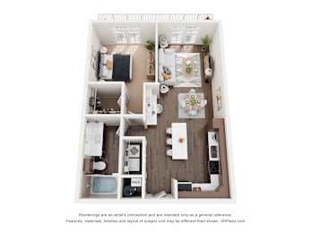 A 3D floor plan of a small apartment with a kitchen, living room, and bedroom.