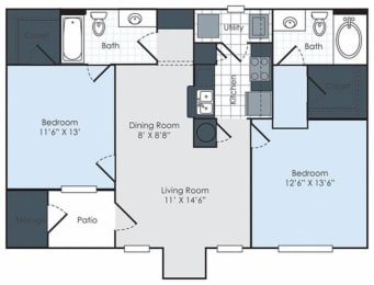 2 Bed 2 Bath Floor Plan at Waterford Place Apartments, Memphis, TN, 38125