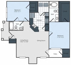 2 Bedroom 2 Bathroom Floor Plan at Waterford Place Apartments, Memphis, TN