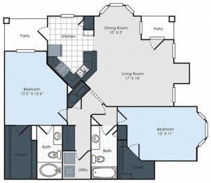 2 bedroom 2 bath Floor Plan at Waterford Place Apartments, Memphis, 38125