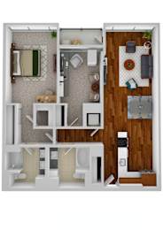 A 3D floor plan of a small apartment with a kitchen, living room, and bathroom.