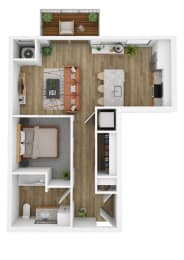 a stylized floor plan with a bedroom and a living room