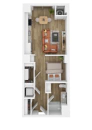 a stylized floor plan with a bedroom and a living room