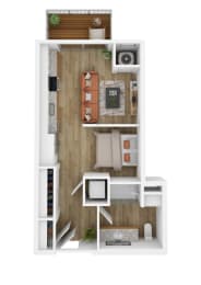 a stylized floor plan with a bedroom and a living room