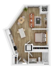 a stylized floor plan with a bedroom and a living room