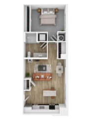 a stylized floor plan with a bedroom and a living room