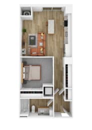a stylized floor plan with a bedroom and a living room