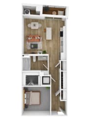 a stylized floor plan with a bedroom and a living room