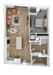 a stylized floor plan with a bedroom and a living room