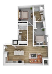 a stylized floor plan with a bedroom and a living room