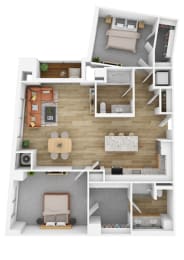 a stylized floor plan with a bedroom and a living room