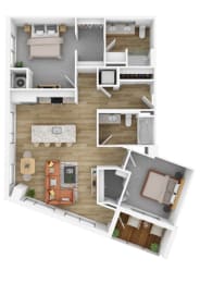 a stylized floor plan with a bedroom and a living room