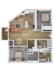 a stylized floor plan with a bedroom and a living room