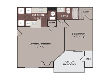 1 Bedroom 1 Bathroom B Floor Plan at Reflection Cove Apartments in Manchester, MO
