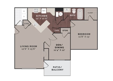 1 Bedroom with Den Floor Plan at Reflection Cove Apartments in Manchester, 63021