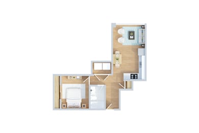A floor plan of a house with a kitchen, living room, and two bedrooms.