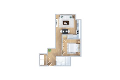A floor plan of a house with a kitchen, living room, and two bedrooms.