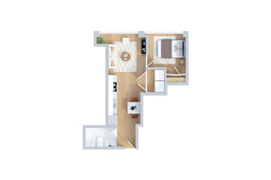 A floor plan of a room with a kitchen, living room, and bathroom.
