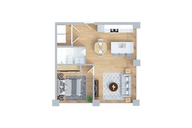 A floor plan of a house with a kitchen, living room, dining room, and bathroom.