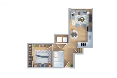 A floor plan of a house with a kitchen, living room, and two bedrooms.