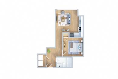 A floor plan of a house with a kitchen, living room, and two bedrooms.
