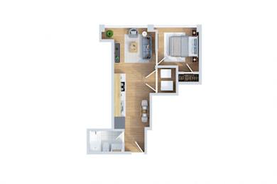 A floor plan of a small apartment with a kitchen, living room, and bathroom.