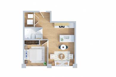 A floor plan of a house with a kitchen, living room, and dining area.