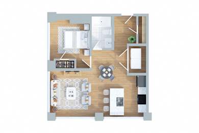A top-down view of a living room with a dining area, kitchen, and a small bedroom.
