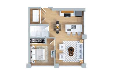A floor plan of a house with a kitchen, living room, dining room, and bathrooms.