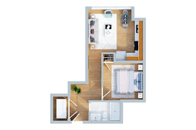 A top-down view of a small apartment with a kitchen, living room, and bathroom.