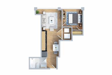 A floor plan of a house with a kitchen, living room, and two bedrooms.