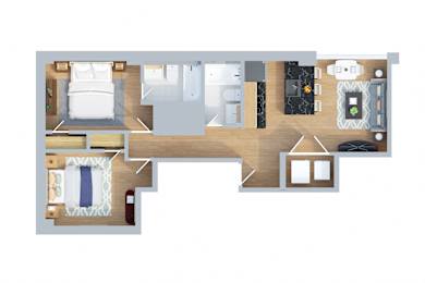A floor plan of a house with a bedroom, living room, kitchen, and bathroom.