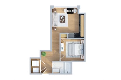 A floor plan of a house with a kitchen, living room, and bathroom.
