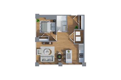 A floor plan of a small apartment with a kitchen, living room, and bathroom.
