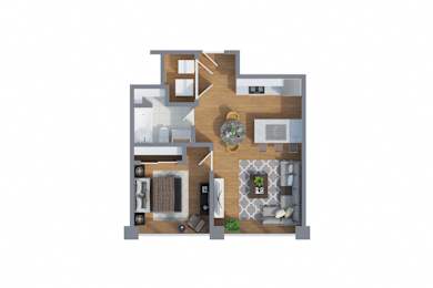 A 3D floor plan of a house with a kitchen, living room, and two bedrooms.