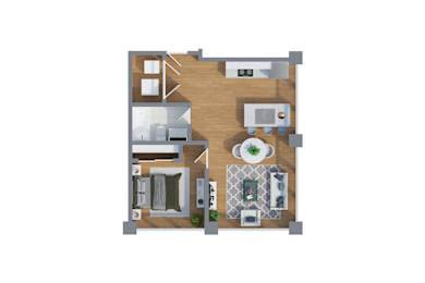 A floor plan of a house with a kitchen, living room, dining room, and bathroom.