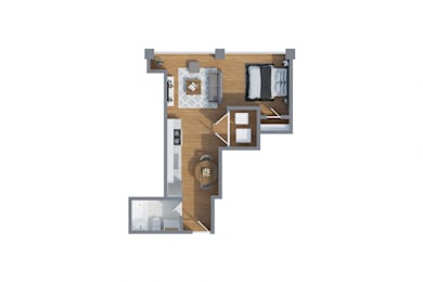 A 3D floor plan of a small apartment with a kitchen, living room, and bathroom.