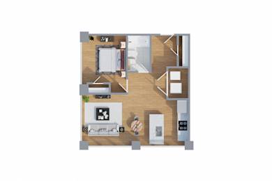 A floor plan of a small apartment with a kitchen, living room, and bedroom.