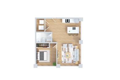 A top-down view of a house layout with a kitchen, living room, and two bedrooms.