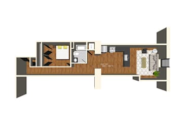 A floor plan of a room with a kitchen area, a living room, and a bathroom.