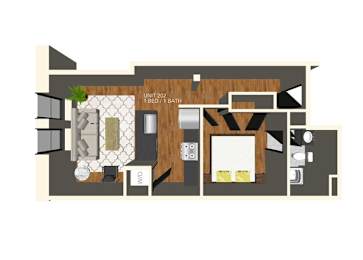 A floor plan of a room with a bed, a table, and a couch.