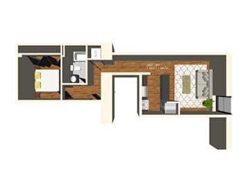 A floor plan of a house with a living room, dining room, kitchen, and bathroom.