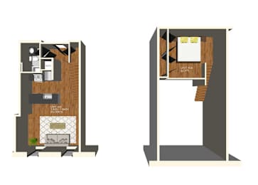 A floor plan of a two-unit building with a shared wall and individual entrances.