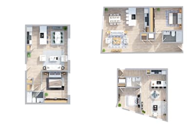 Four different layouts of a kitchen, living room, dining room, and bedroom.