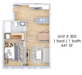 A diagram of a one bedroom apartment with a bathroom.