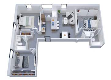 Floor Plan  A 3D floor plan of a small apartment with a kitchen, living room, and bathroom.