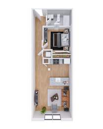A top-down view of a small apartment with a kitchen, living room, and bathroom.
